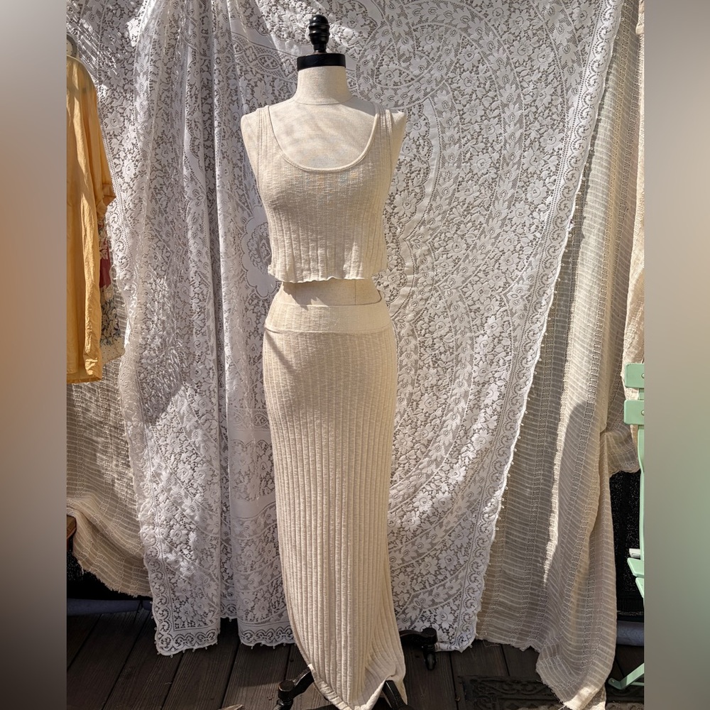 Free People Cream Ribbed Matching Set Crop Top Maxi Skirt XS